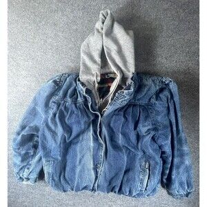 Vintage Dawn Denim Jacket Men’s L 22.5-24.5 Blue Plaid Lined Built In Hoodie 90s